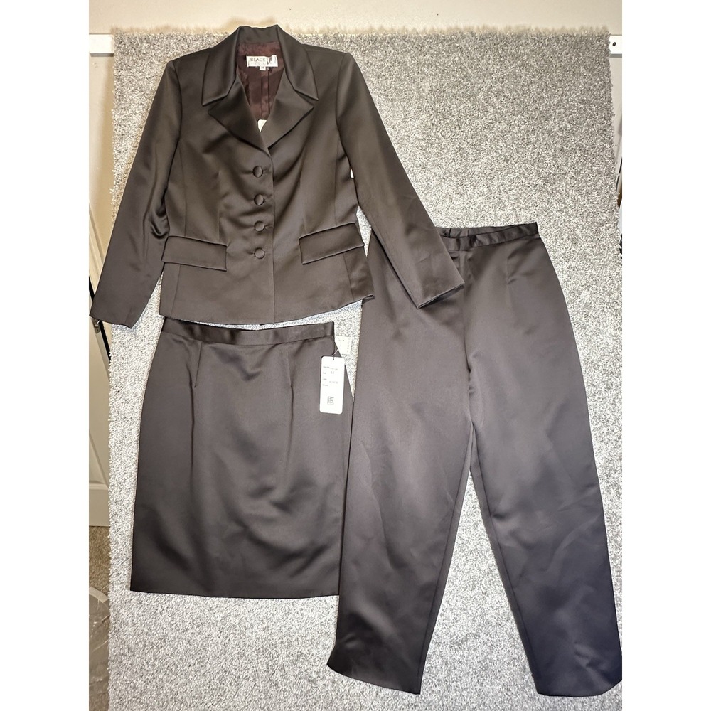 Black Tie Oleg Cassini 3 Pc Suit Set NWT Size 14 Espresso Jacket‎ Skirt Pants